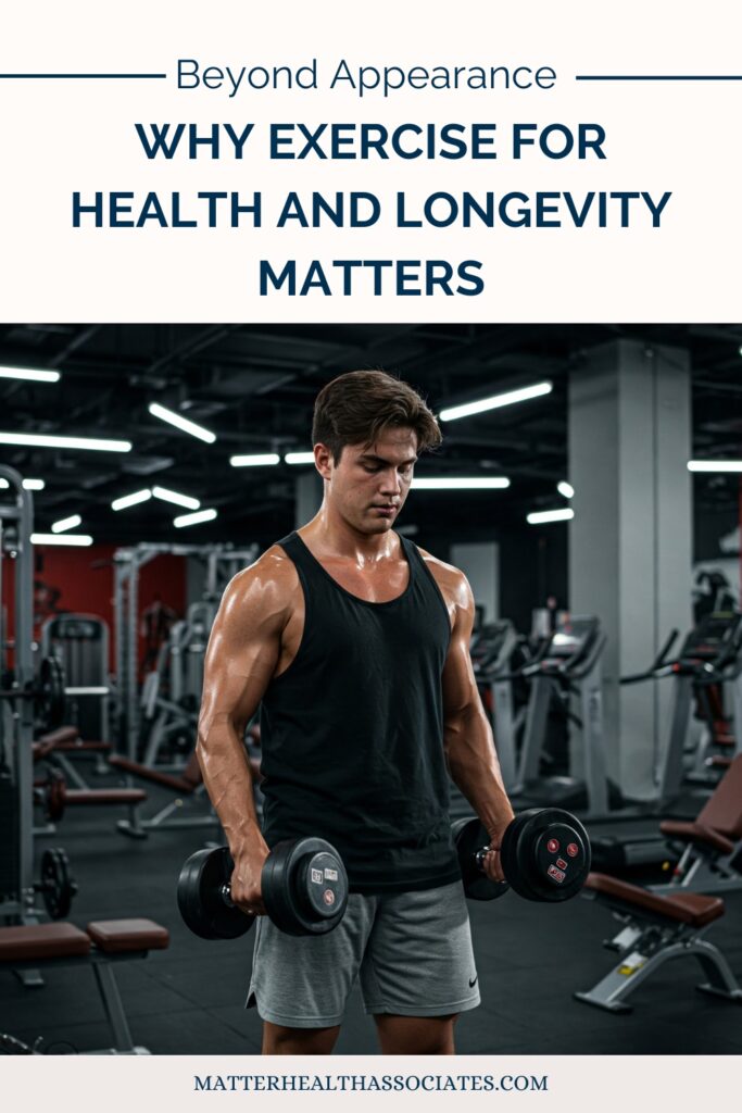 Beyond Appearance Why Exercise for Health and Longevity Matters | A young man exercising in a gym with dumbbells.