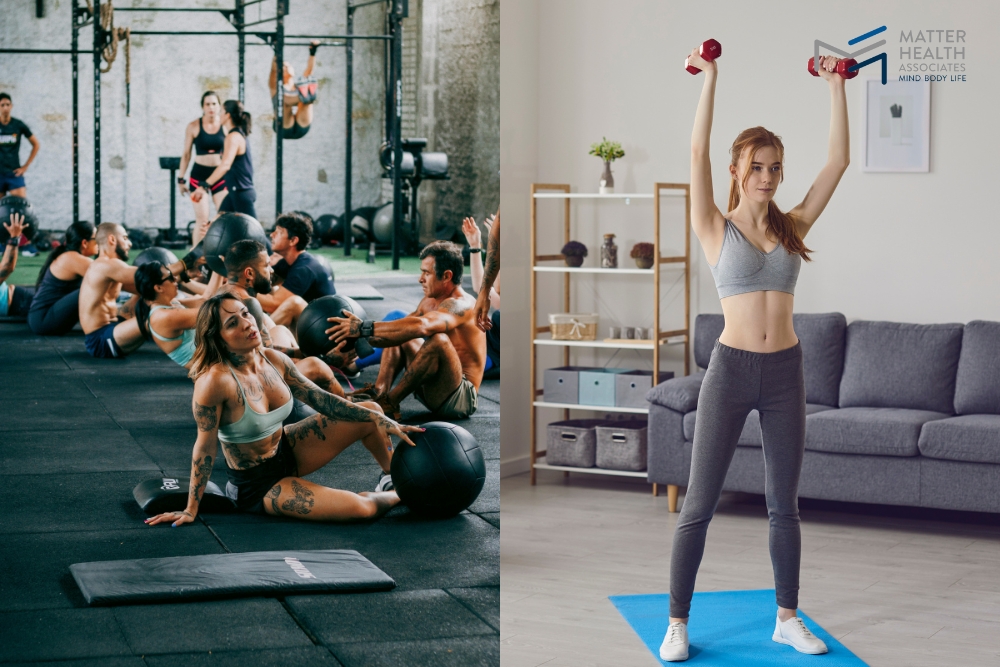 Gym vs Home Finding Balance in Your Fitness Journey | Side-by-side comparison of a busy gym and a minimalist home workout space, emphasizing the flexibility of exercising outside traditional gyms.