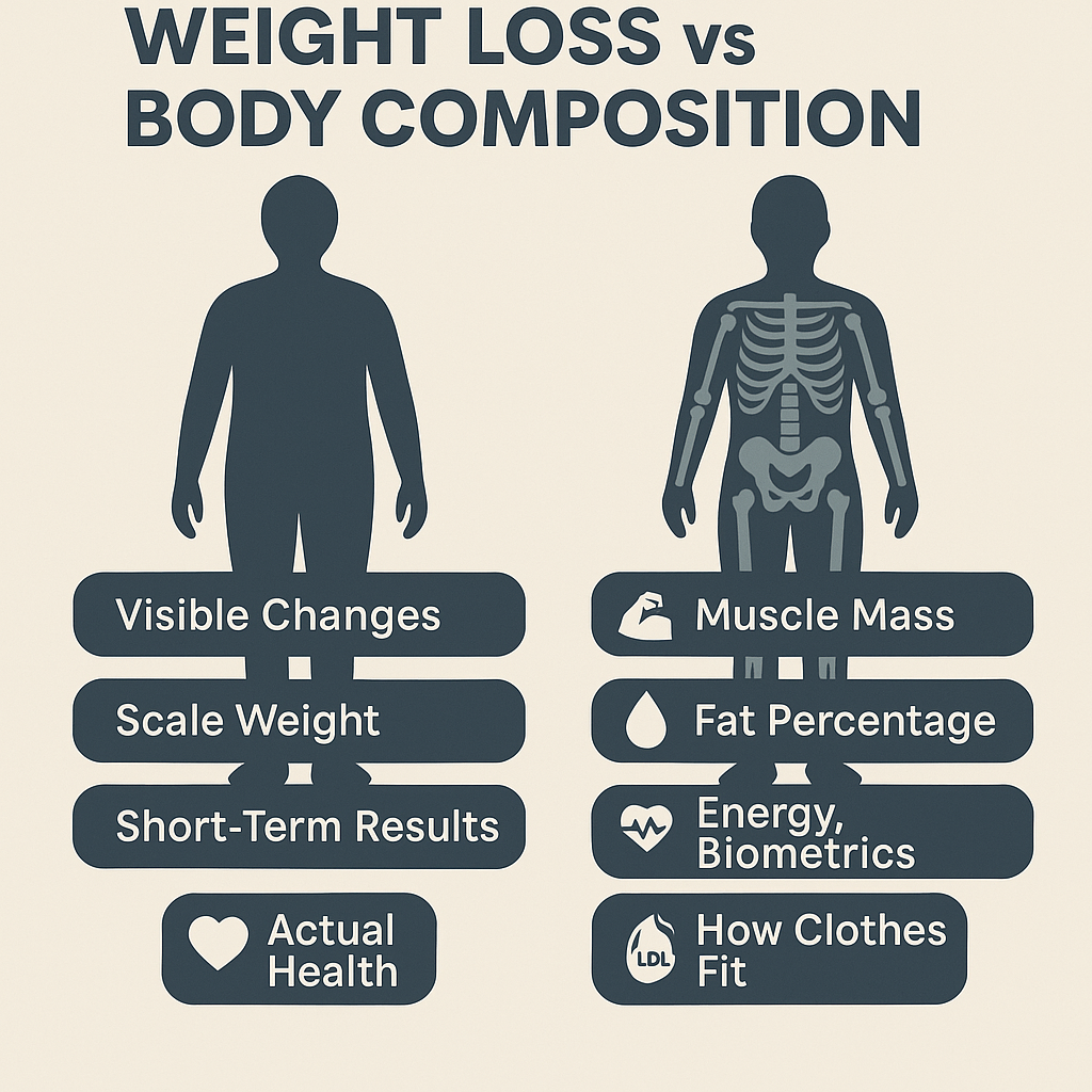 Weight Loss vs Body Composition Understanding the Difference | An informative infographic comparing weight loss vs body composition, illustrating how weight loss focuses on scale weight and visible changes, while body composition emphasizes muscle mass, fat percentage, energy, and biometrics for a healthier, long-term approach to fitness and well-being.