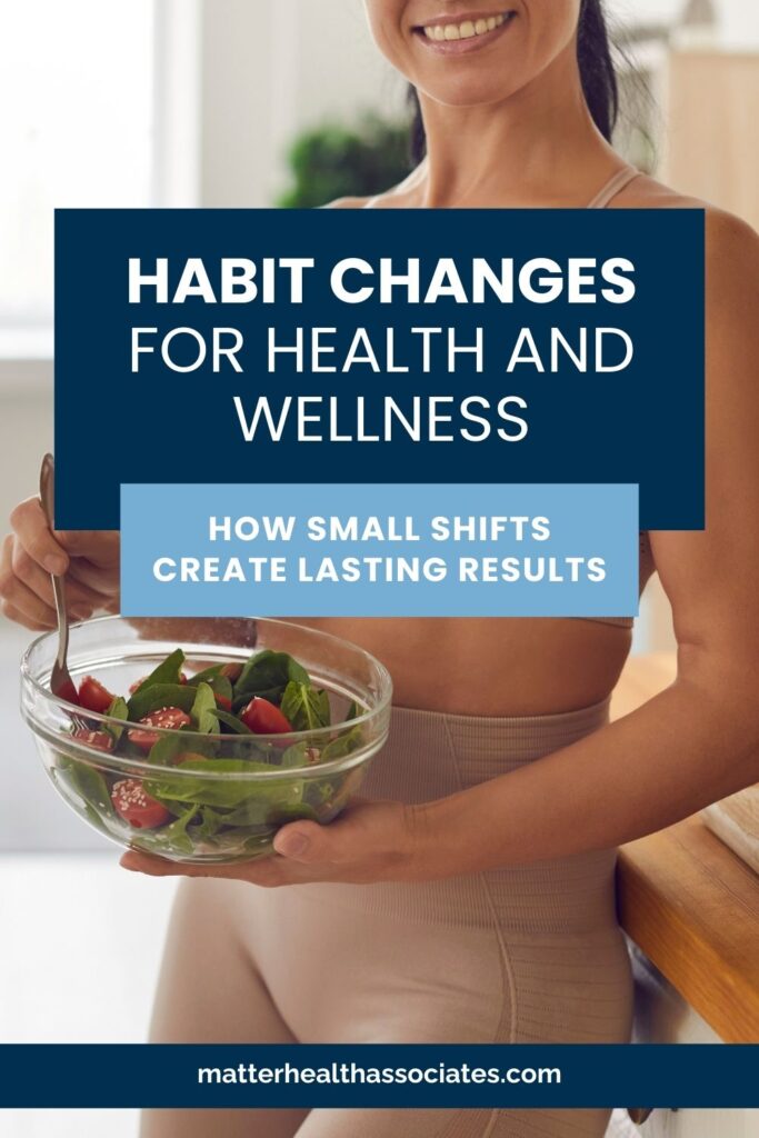Woman eating a fresh green salad with text overlay that reads "Habit Changes for Health and Wellness."

👉 These describe