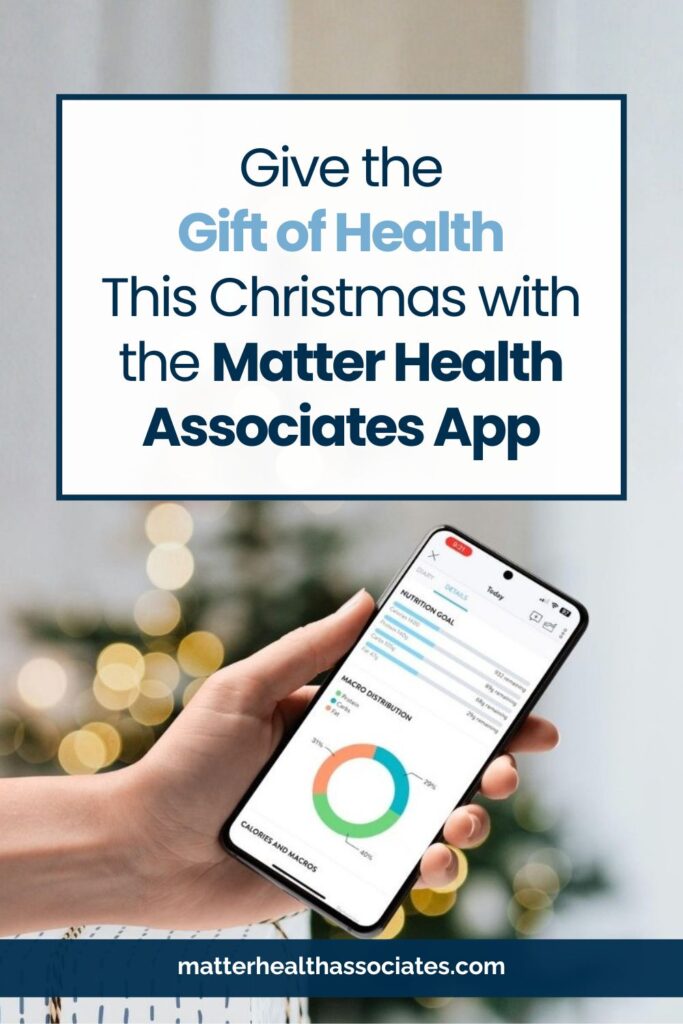 A photo of a hand holding a phone with MHA UI. Text overlay "Give the Gift of Health This Christmas with the Matter Health Associates App"