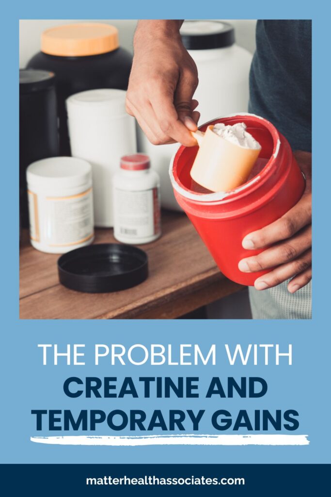 A hand scooping a creatine powder with text overlay, "The problem with creatine and temporary gains"