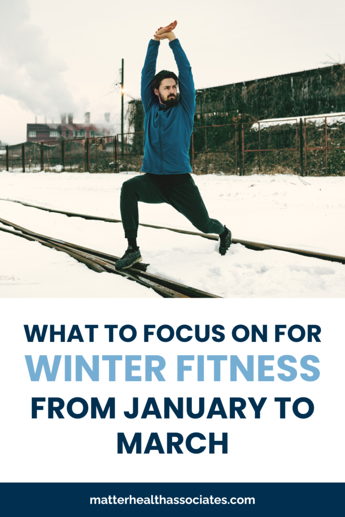 A man stretching in the snow with text overlay "What to Focus on For Winter Fitness from January to March"