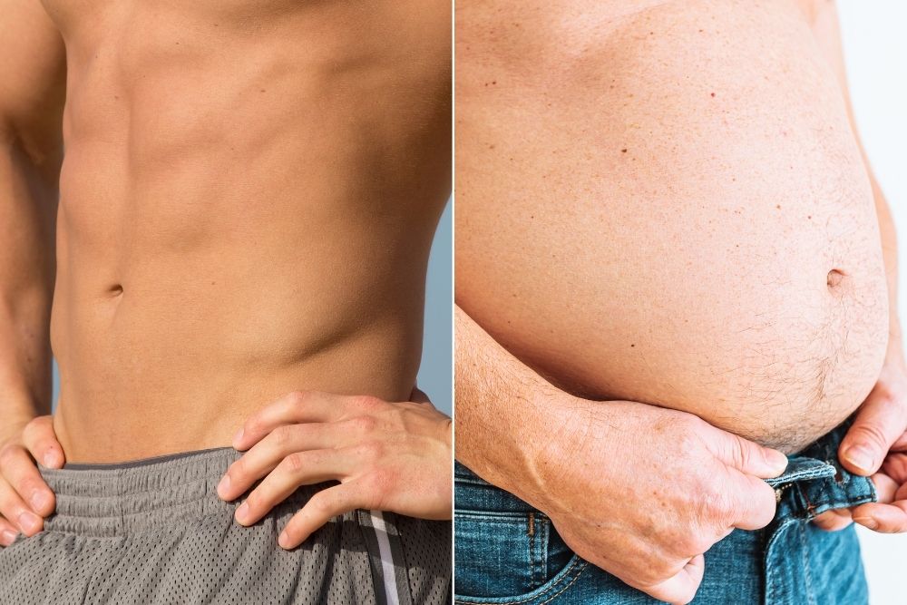 A visual comparison between a lean physique and a bloated physique to illustrate potential side effects of creatine.