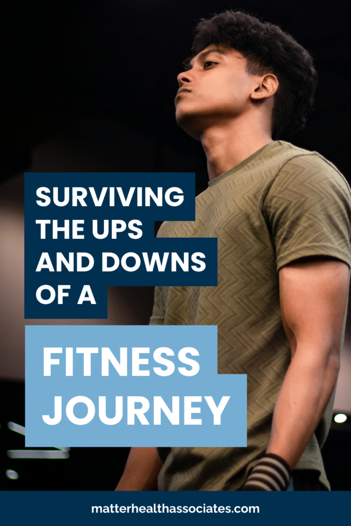 A man working out with text overlay, "Surviving the ups and downs of a fitness Journey"