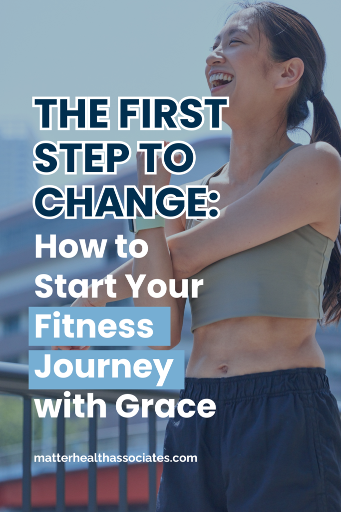 A woman stretching with text overlay, "How to Start Your Fitness Journey with Grace"