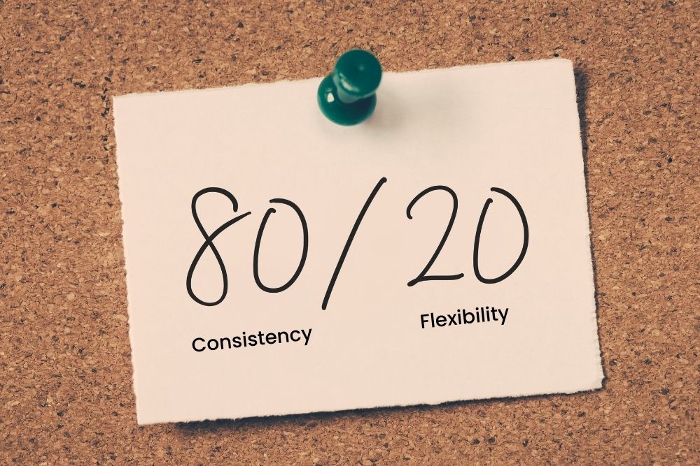 A handwritten note illustrating 80% consistency and 20% flexibility, a vital mindset for anyone looking to start their fitness journey.