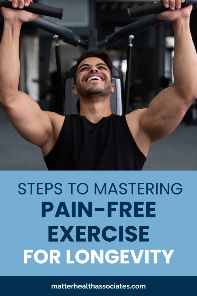 A fit man smiling while lifting weights, showing that strength training can be a sustainable and pain-free exercise when done with proper form.