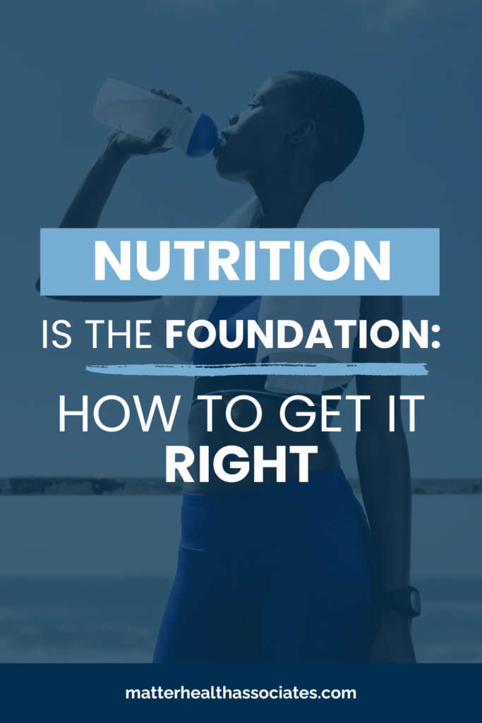a woman drinking water with text overlay "Nutrition is the Foundation: How to Get It Right"