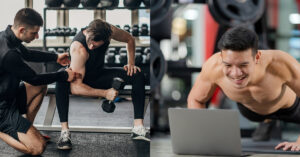 A split-screen comparison illustrating in-person vs. online training, featuring a physical gym workout on one side and a virtual coaching session on the laptop on the other.