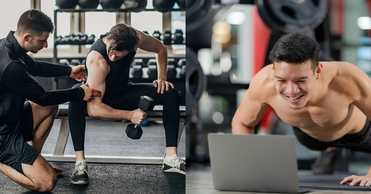 A split-screen comparison illustrating in-person vs. online training, featuring a physical gym workout on one side and a virtual coaching session on the laptop on the other.