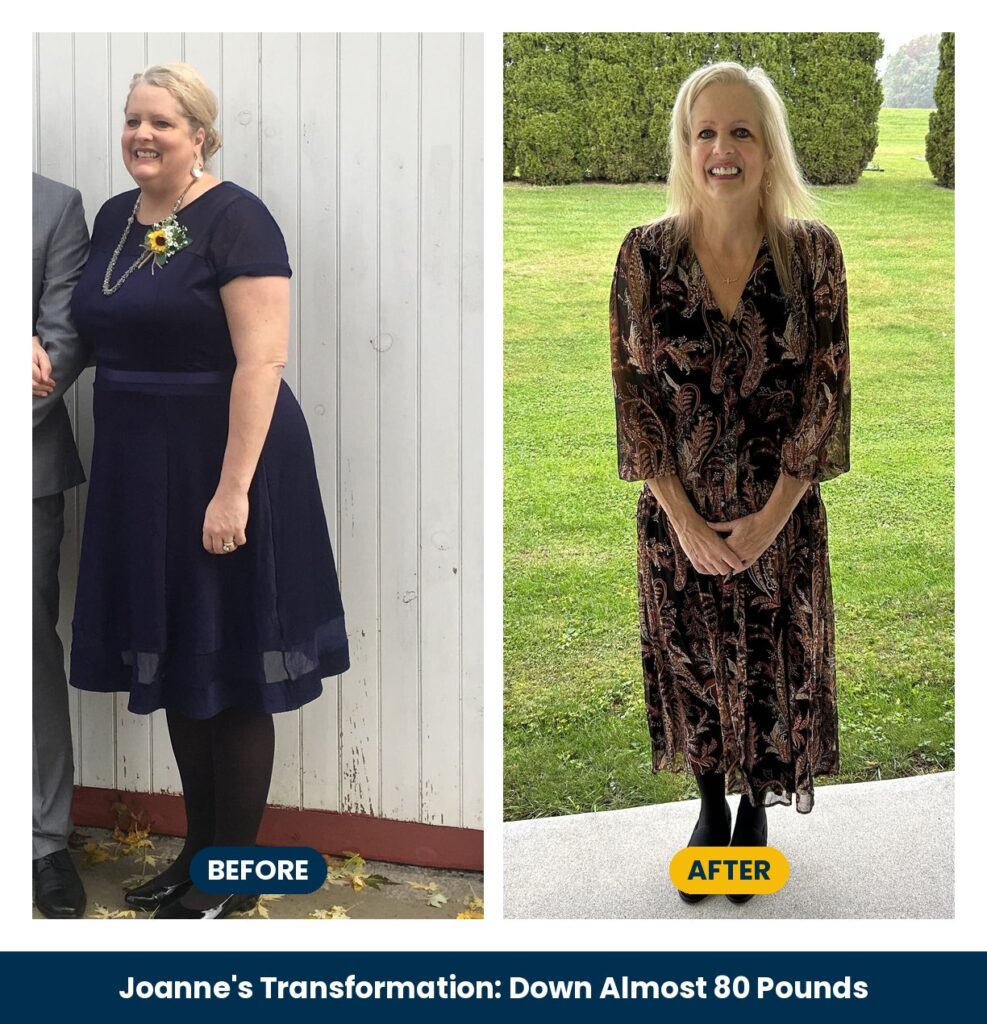 Joanne Slingwine before and after comparison showing her almost 80 pound weight loss with fitness coaching