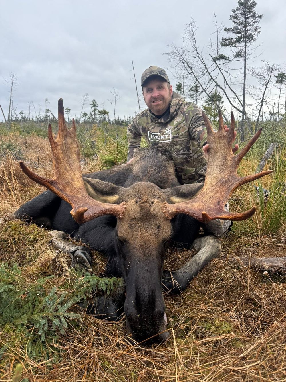 Ryan Matter of the Hunter Athlete System kneeling behind a bull moose he harvested